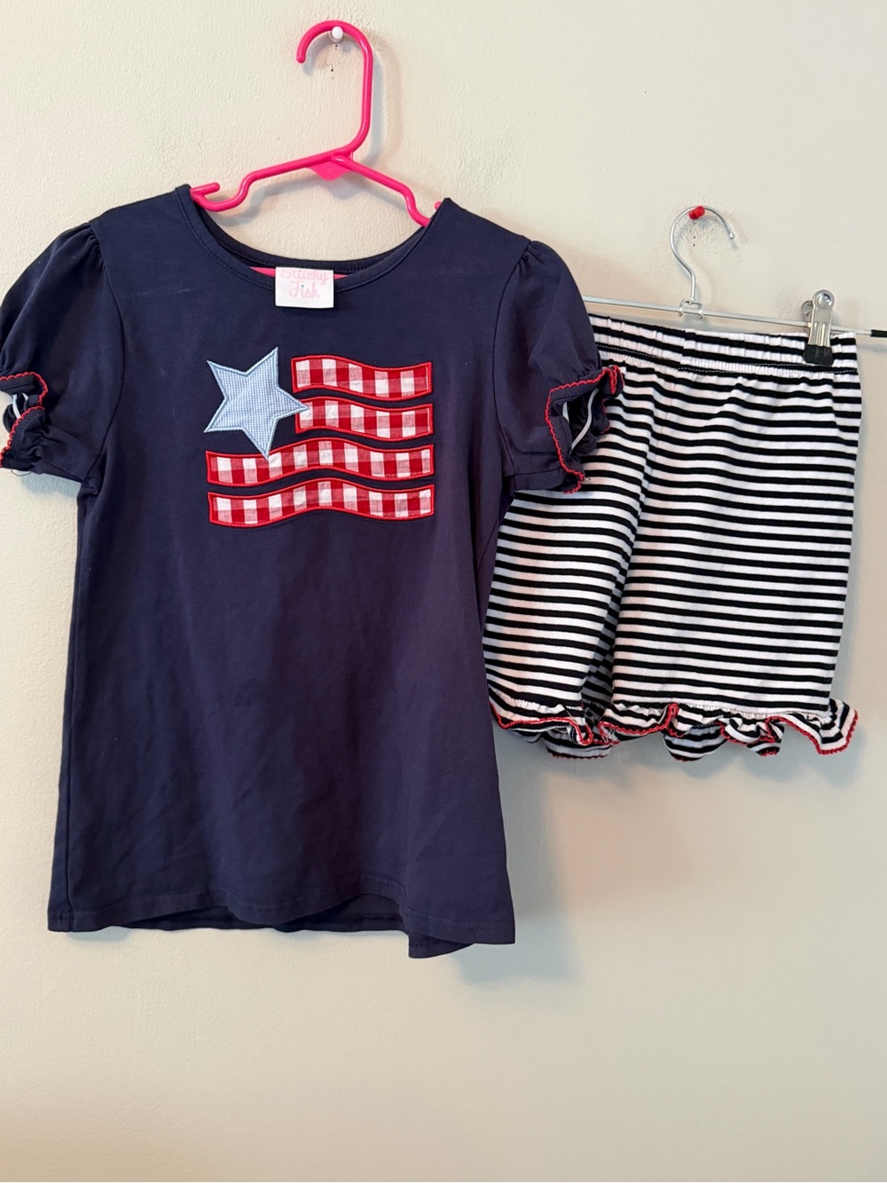 Stitchy Fish Navy Star & Stripe Set with Navy/White Striped Shorts